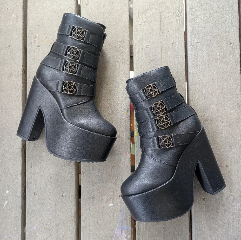 Killstar Black Nancy Pentagram Platform Boots Faux Leather‎ Gothic Witchy Techno